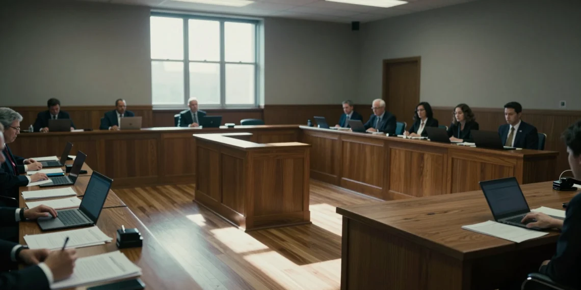 Musk demandó a OpenAI por abandonar su misión sin ánimo de lucro, pero los testimonios del juicio cuentan una historia muy diferente 1 Sala de un tribunal federal en Oakland con mesa de madera, documentos legales y estrado vacío iluminado por luz natural