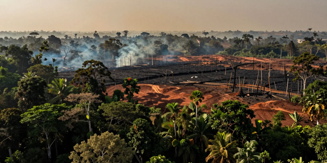 Desde Tanzania hasta Nueva Inglaterra, un sistema satelital de la NASA detecta la deforestación ilegal antes de que sea demasiado tarde 1 Vista aérea de deforestación ilegal en selva tropical con límite entre bosque denso y tierra quemada bajo cielo con humo
