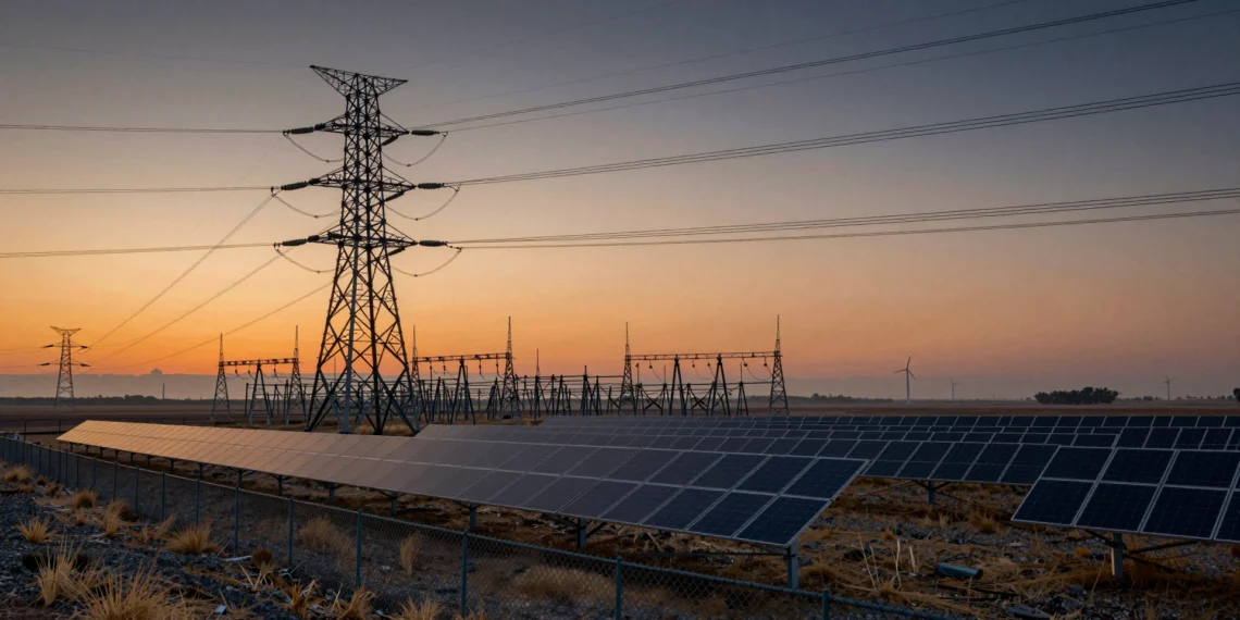 Torres eléctricas y paneles solares inactivos al atardecer, simbolizando gigavatios de energía limpia bloqueados