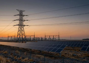 Torres eléctricas y paneles solares inactivos al atardecer, simbolizando gigavatios de energía limpia bloqueados