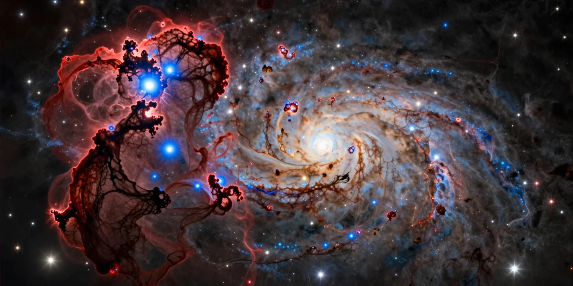 Webb y Hubble revelan que los cúmulos estelares más masivos nacen antes de lo esperado, y eso cambia lo que sabemos sobre la formación de planetas 1 Captura de un brazo de galaxia espiral con cúmulos estelares jóvenes emergiendo de nubes de gas y polvo