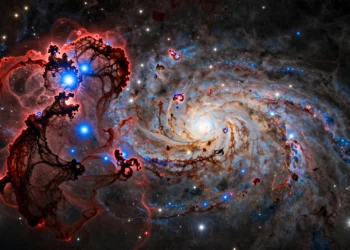Webb y Hubble revelan que los cúmulos estelares más masivos nacen antes de lo esperado, y eso cambia lo que sabemos sobre la formación de planetas 9 Captura de un brazo de galaxia espiral con cúmulos estelares jóvenes emergiendo de nubes de gas y polvo