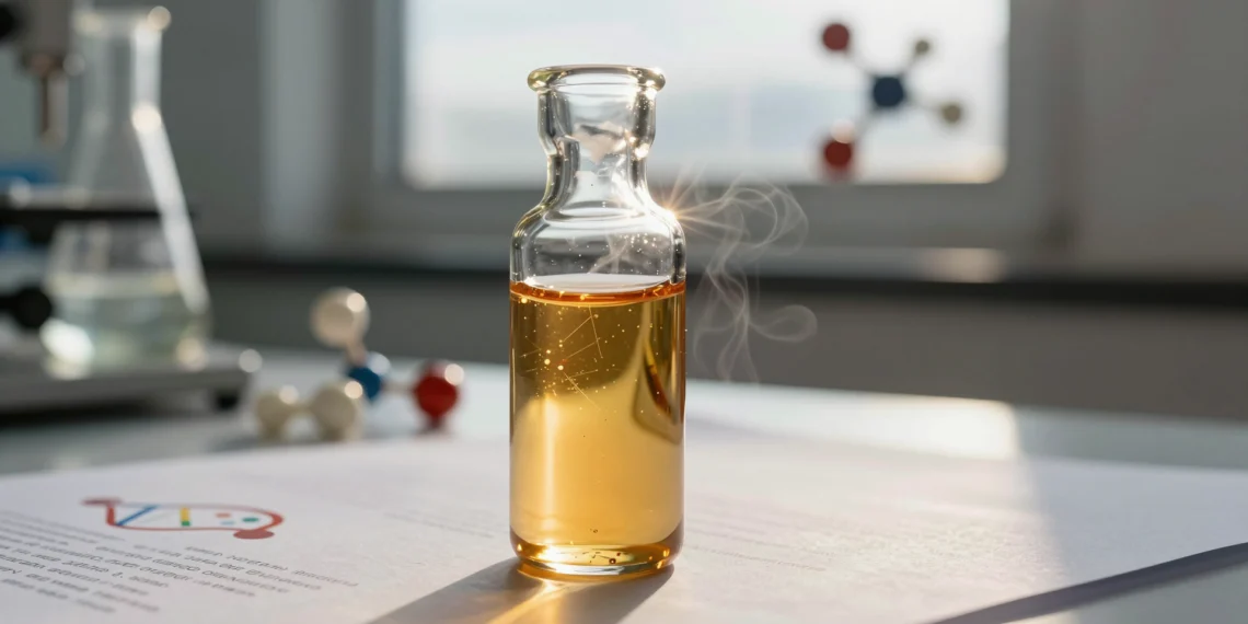 Una molécula inspirada en el ADN almacena energía solar durante años y puede hervir agua sin ninguna batería convencional 1 Vial de cristal con líquido dorado luminoso en laboratorio soleado, simbolizando almacenamiento de energía solar molecular