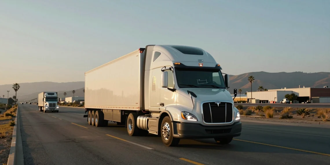 965 solicitudes en un trimestre: el Tesla Semi sacude el transporte pesado en California como nadie esperaba 1 Camión eléctrico Tesla Semi circulando por una autopista de California al atardecer, con almacenes logísticos al fondo