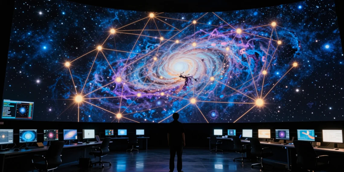 FLAMINGO: la simulación del universo que ocupa lo mismo que 500.000 películas en alta definición ya está disponible para todo el mundo 1 Investigador en un centro astronómico frente a una enorme visualización de la simulación del universo.
