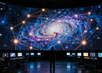 FLAMINGO: la simulación del universo que ocupa lo mismo que 500.000 películas en alta definición ya está disponible para todo el mundo 1 Investigador en un centro astronómico frente a una enorme visualización de la simulación del universo.