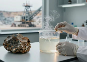 Científico del MIT extrae litio con líquido burbujeante en laboratorio, junto a maquinaria minera de fondo