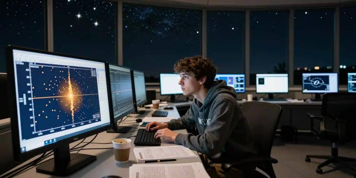 Un vacío en el censo de exoplanetas desaparece alrededor de las estrellas más pequeñas, y eso cambia lo que sabíamos sobre cómo se forman los planetas 1 Investigador en observatorio de astrofísica analizando exoplanetas, con datos destacados en pantalla.