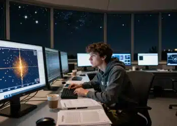 Un vacío en el censo de exoplanetas desaparece alrededor de las estrellas más pequeñas, y eso cambia lo que sabíamos sobre cómo se forman los planetas 1 Investigador en observatorio de astrofísica analizando exoplanetas, con datos destacados en pantalla.