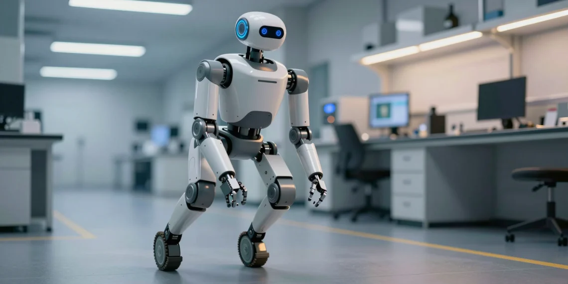 Roadrunner, el robot bípedo con ruedas que cambia de modo de locomoción sin detenerse 1 Robot bípedo con ruedas Roadrunner en movimiento en un laboratorio de investigación moderno