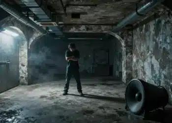 Infrasonido: el ruido invisible que eleva tu cortisol, cambia tu humor y podría explicar las casas "encantadas" 5 Figura en un sótano antiguo con un subwoofer, simbolizando el infrasonido y su impacto emocional.