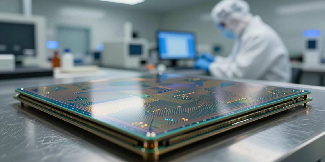 Imec traza el camino de los chips hasta 2041: dos transistores en el espacio de uno y materiales de un solo átomo de grosor 1 Primer plano de una oblea de silicio con circuitos microscópicos en azul y dorado sobre superficie de acero en sala limpia