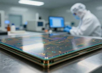 Imec traza el camino de los chips hasta 2041: dos transistores en el espacio de uno y materiales de un solo átomo de grosor 7 Primer plano de una oblea de silicio con circuitos microscópicos en azul y dorado sobre superficie de acero en sala limpia