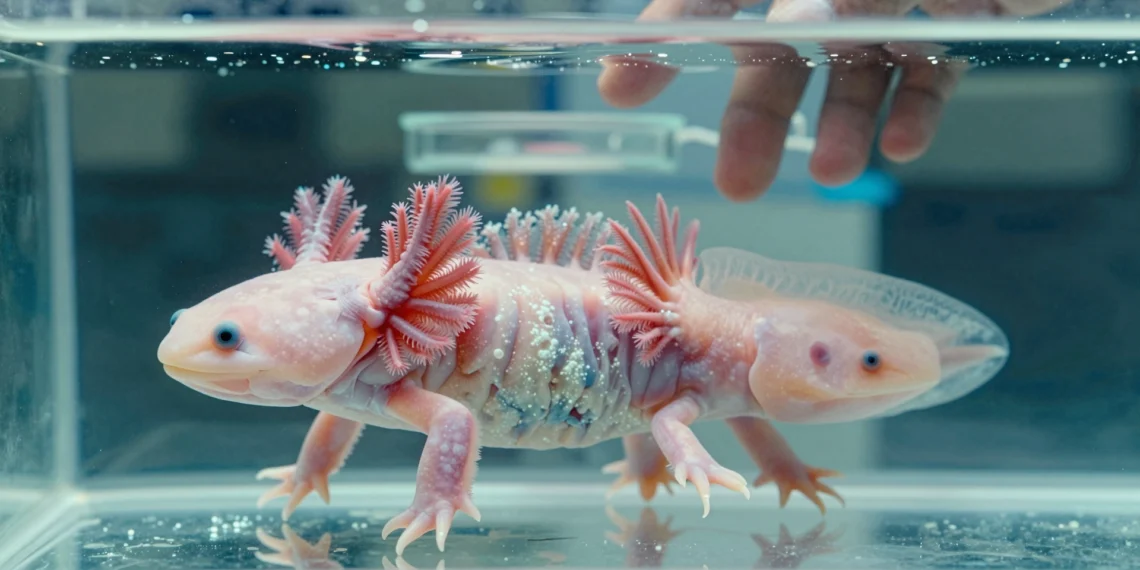 Axolotls, peces cebra y ratones comparten los mismos genes de regeneración: lo que eso significa para el futuro de las extremidades humanas 1 Axolote mexicano con branquias rosadas y yema de extremidad regenerada en un entorno de laboratorio.