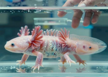 Axolotls, peces cebra y ratones comparten los mismos genes de regeneración: lo que eso significa para el futuro de las extremidades humanas 4 Axolote mexicano con branquias rosadas y yema de extremidad regenerada en un entorno de laboratorio.