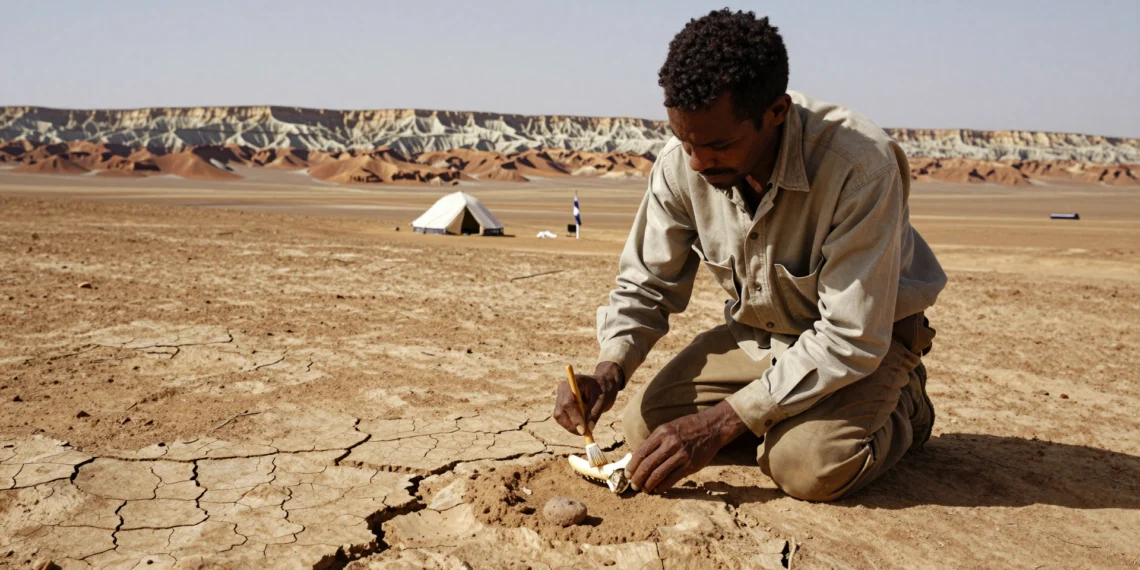 Trece dientes fósiles hallados en Etiopía revelan que varios ancestros humanos compartieron el mismo territorio hace casi tres millones de años 1 Paleoantropólogo excavando dientes fósiles en el árido paisaje de la región de Afar, Etiopía