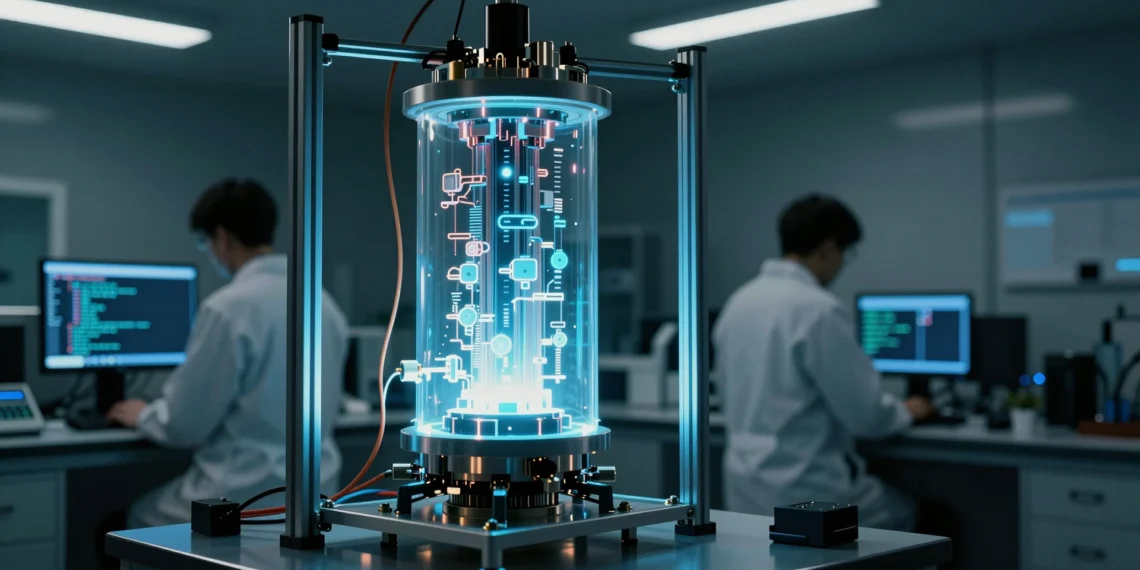 Ordenadores cuánticos más pequeños de lo esperado podrían comprometer el cifrado global antes de que el mundo esté preparado 1 Procesador cuántico criogénico iluminado en azul eléctrico en laboratorio de computación cuántica