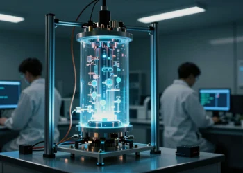 Ordenadores cuánticos más pequeños de lo esperado podrían comprometer el cifrado global antes de que el mundo esté preparado 8 Procesador cuántico criogénico iluminado en azul eléctrico en laboratorio de computación cuántica