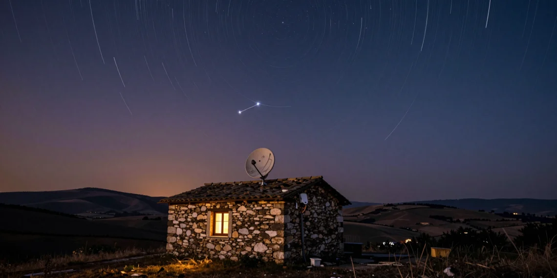 Starlink acelera sin freno: la red de satélites que está dejando atrás a la fibra en toda Europa 1 Satélites Starlink cruzando el cielo nocturno sobre una granja rural europea con terminal satelital en el tejado