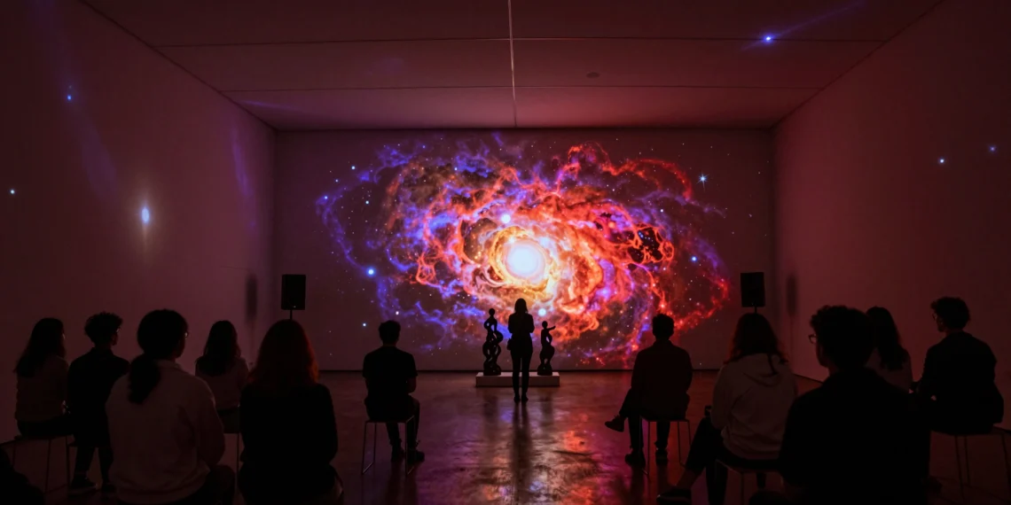 Una galería de Nueva York se convirtió en el cosmos: la noche en que Webb, Artemis II y Pink Floyd viajaron juntos a través de la luz 1 Audiencia en penumbra contempla imágenes cósmicas proyectadas en una galería de arte de Manhattan durante una noche inmersiva