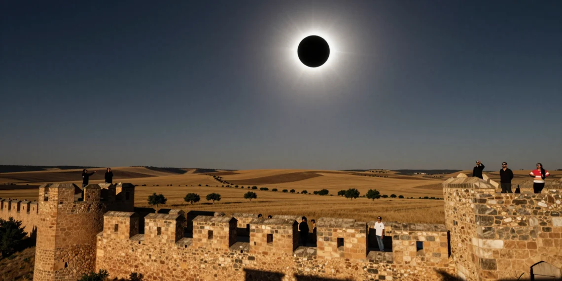 Eclipse solar total en España: los enclaves rurales que casi nadie conoce y donde la experiencia será única el 12 de agosto de 2026 1 Eclipse solar total en Gormaz, Soria, con observadores admirando el fenómeno desde la fortaleza.