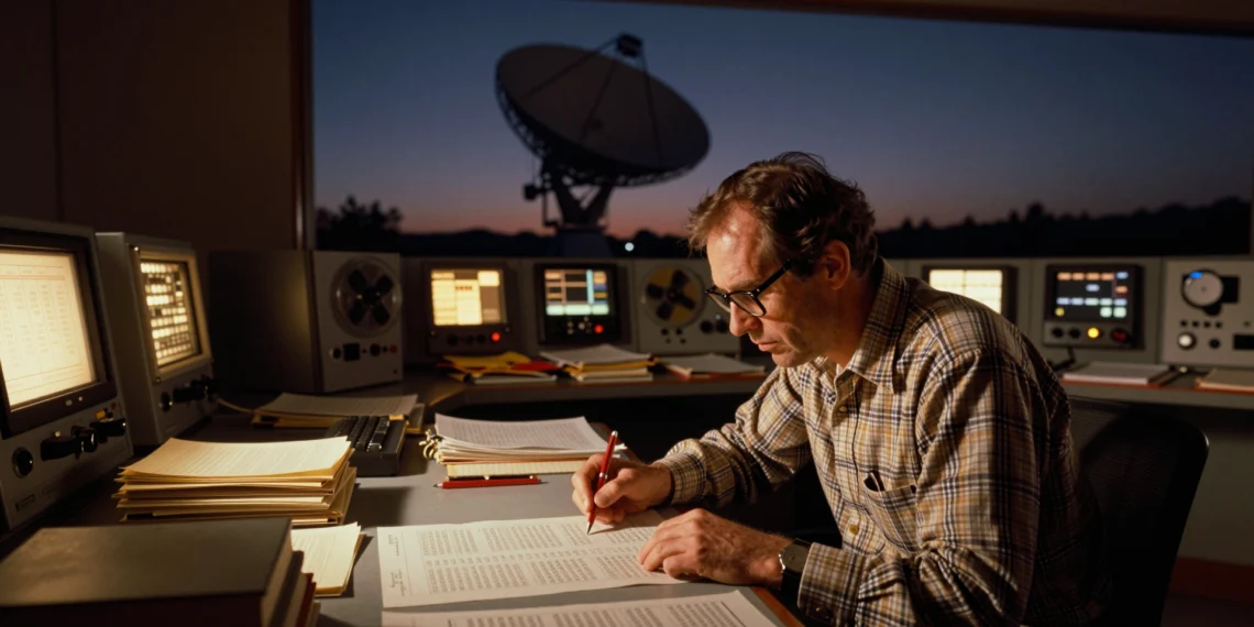 Seis décadas buscando señales del cosmos: los casos que la ciencia aún no ha podido explicar 1 Científico analizando señales de radiotelescopio en sala de control con equipos analógicos de los años 70