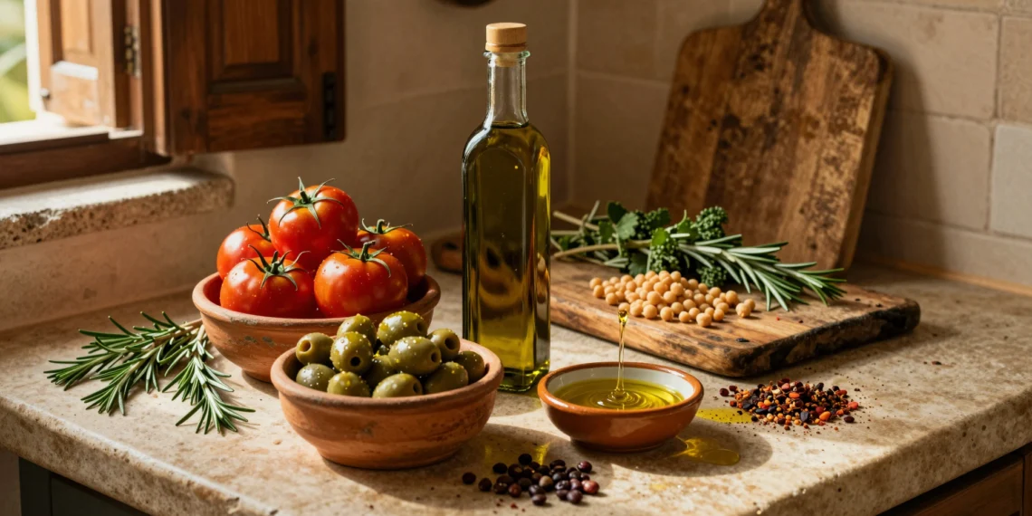 Veinte ingredientes que los científicos vinculan a una de las dietas más saludables del mundo llevan siglos en las cocinas mediterráneas 1 Cocina mediterránea rústica con tomates, aceitunas, garbanzos y aceite de oliva virgen extra sobre encimera de piedra