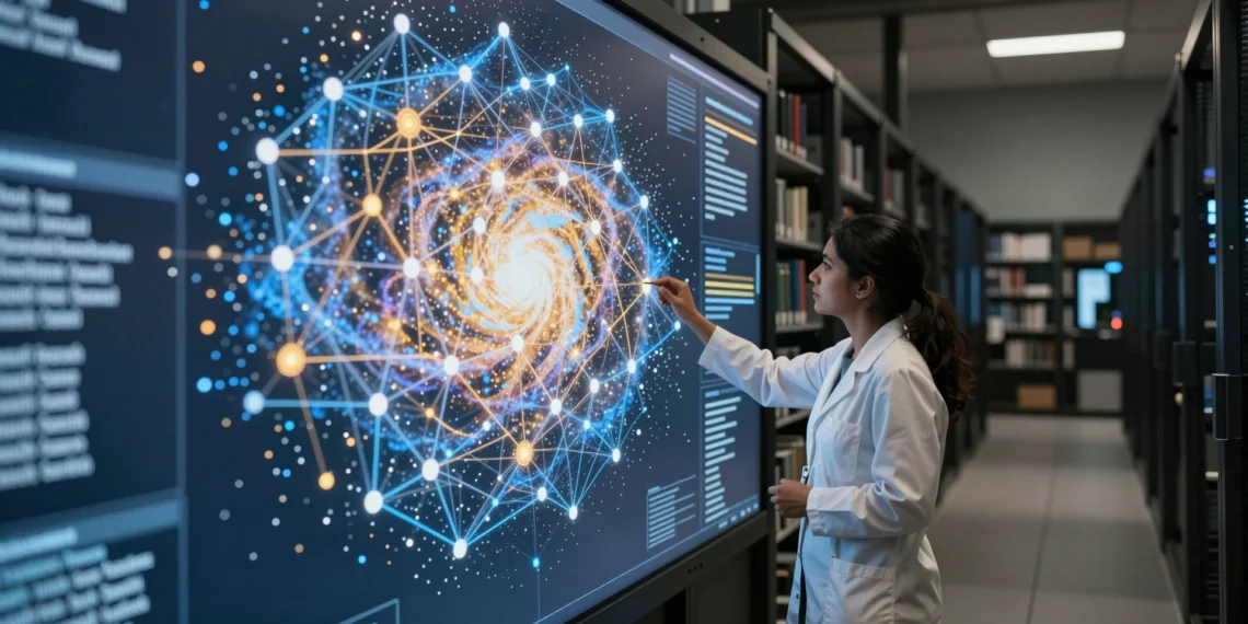 Carbon Brief acaba de crear la mayor base de datos de ciencia climática de la historia, y sus primeros resultados revelan profundas desigualdades 1 Científica ante una pantalla gigante con visualización de 1,8 millones de publicaciones de ciencia climática en red luminosa