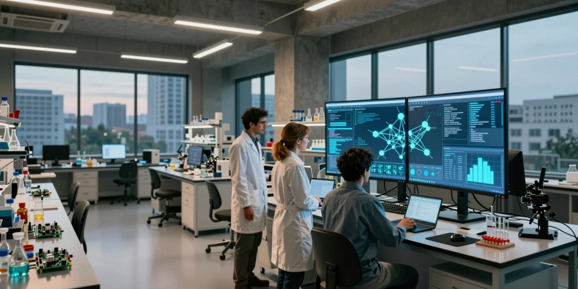 Fuera de la universidad y con 1.500 millones de dólares: EE. UU. apuesta por un modelo inédito para financiar la ciencia del futuro 1 Equipo de científicos en laboratorio independiente moderno analizando datos complejos, lejos de la universidad tradicional