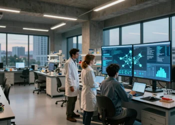 Fuera de la universidad y con 1.500 millones de dólares: EE. UU. apuesta por un modelo inédito para financiar la ciencia del futuro 7 Equipo de científicos en laboratorio independiente moderno analizando datos complejos, lejos de la universidad tradicional