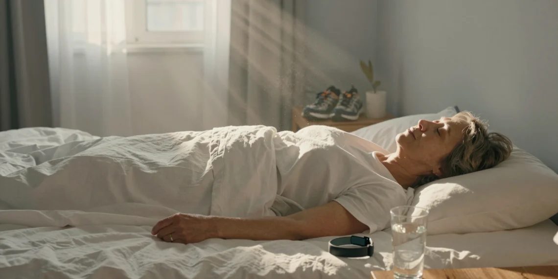 Cinco minutos más de sueño y dos de movimiento al día podrían sumar años de vida saludable, según un estudio con 60.000 personas 1 Persona mayor descansando en cama iluminada por luz solar matutina, con pulsera de actividad y zapatillas al fondo