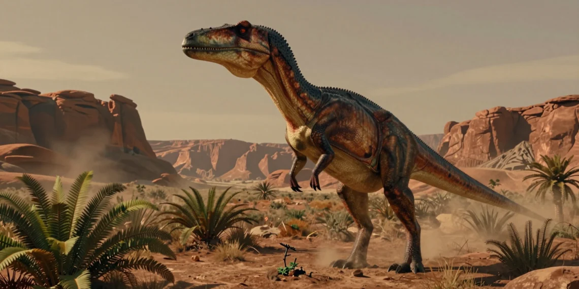 Descubierto un pariente del cocodrilo del Triásico que caminaba erguido y tenía pico: la evolución convergente en su forma más extrema 1 Reconstrucción del Labrujasuchus expectatus bípedo con pico en un paisaje del Triásico tardío con helechos y cielos ámbar