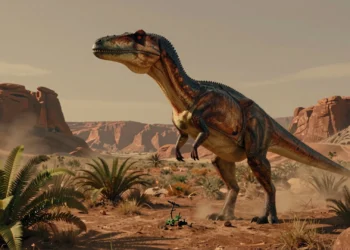 Descubierto un pariente del cocodrilo del Triásico que caminaba erguido y tenía pico: la evolución convergente en su forma más extrema 8 Reconstrucción del Labrujasuchus expectatus bípedo con pico en un paisaje del Triásico tardío con helechos y cielos ámbar