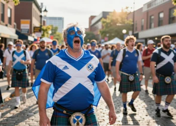 Aficionado escocés con kilt y cara pintada celebra eufórico en las calles de Boston durante el Mundial