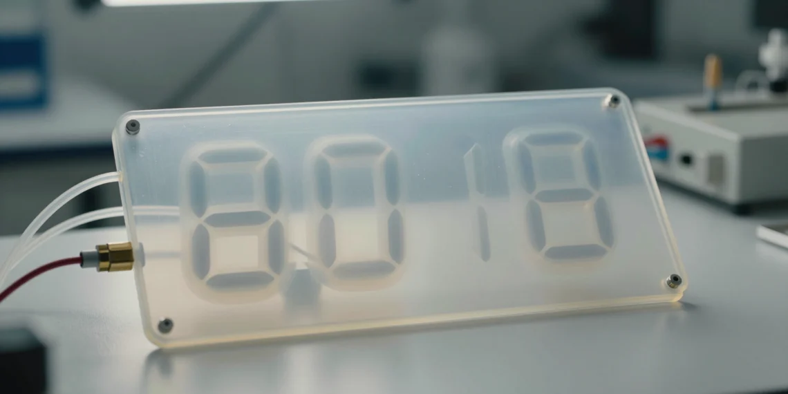 Un reloj digital construido con aire y silicona demuestra que la lógica computacional no necesita circuitos electrónicos 1 Panel de silicona translúcida con segmentos neumáticos que forman dígitos de reloj digital sin circuitos electrónicos