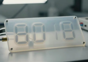 Un reloj digital construido con aire y silicona demuestra que la lógica computacional no necesita circuitos electrónicos 5 Panel de silicona translúcida con segmentos neumáticos que forman dígitos de reloj digital sin circuitos electrónicos