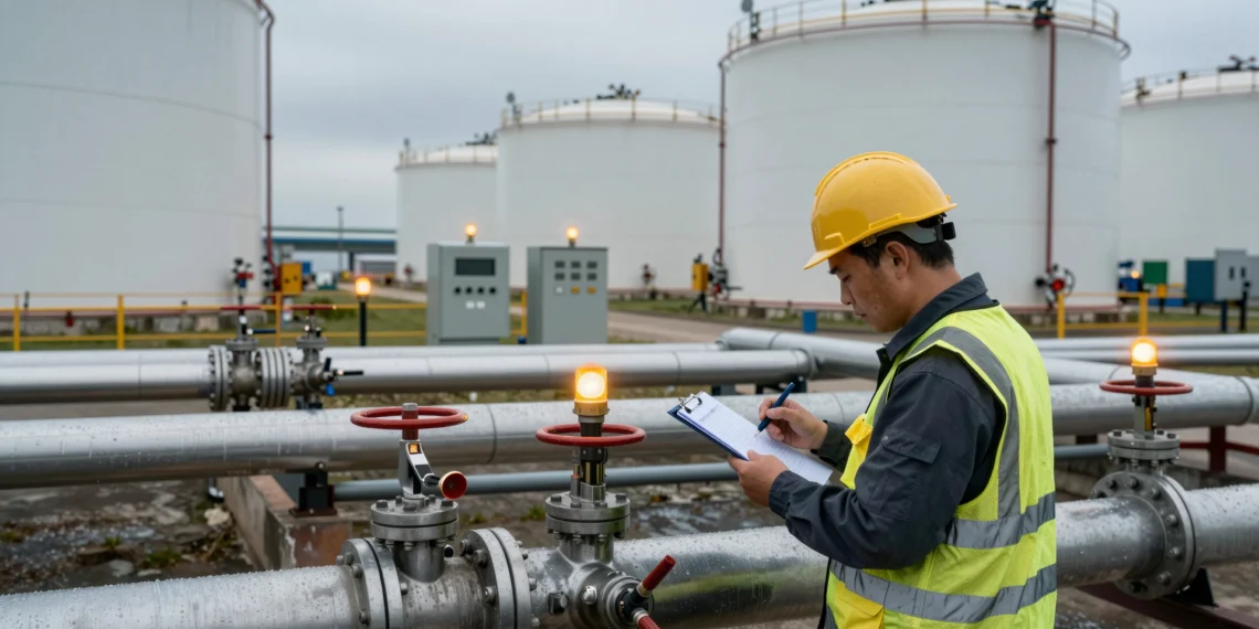 Gasolina fuera de norma en la cadena de distribución: los mecanismos regulatorios que evitan que llegue al consumidor 1 Técnico inspecciona muestra de gasolina en terminal de distribución de combustible con tuberías y tanques industriales