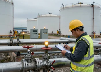 Gasolina fuera de norma en la cadena de distribución: los mecanismos regulatorios que evitan que llegue al consumidor 2 Técnico inspecciona muestra de gasolina en terminal de distribución de combustible con tuberías y tanques industriales