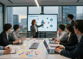 Directivos y estrategas en sala de reuniones analizan mapas de cliente para orientar inversiones en inteligencia artificial