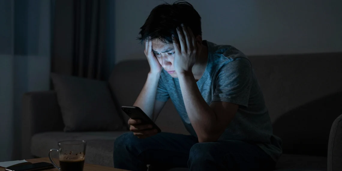 Millones de personas usan chatbots de IA cada día como herramientas, pero una nueva investigación revela que para algunos se han convertido en algo muy distinto 1 Joven solo en apartamento oscuro iluminado por pantalla de smartphone, simbolizando dependencia emocional a chatbots de IA