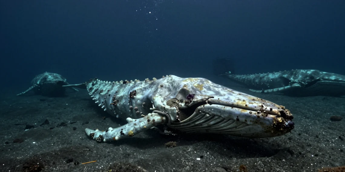 Un cementerio de ballenas de 1.200 kilómetros en el fondo del océano Índico lleva millones de años acumulando restos sin que nadie lo supiera 1 Esqueleto de ballena en el fondo del océano Índico a más de 4.000 metros de profundidad, iluminado por luz submarina