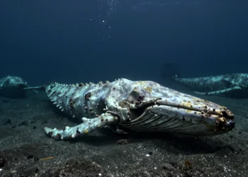 Un cementerio de ballenas de 1.200 kilómetros en el fondo del océano Índico lleva millones de años acumulando restos sin que nadie lo supiera 2 Esqueleto de ballena en el fondo del océano Índico a más de 4.000 metros de profundidad, iluminado por luz submarina