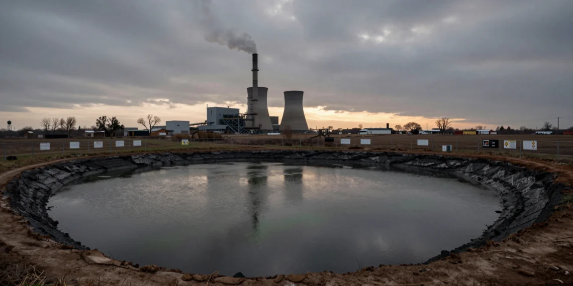 Cientos de vertederos de ceniza de carbón amenazan el agua potable de EE. UU. mientras la EPA propone eliminar las protecciones federales 1 Balsa de ceniza de carbón contaminada en zona rural de EE. UU., con agua turbia y central eléctrica al fondo