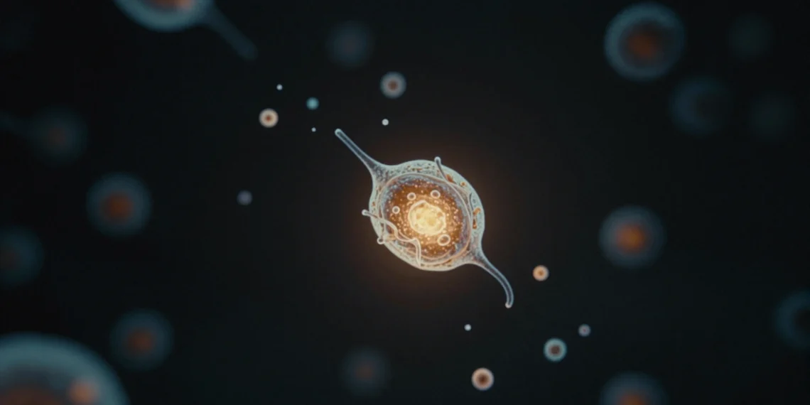 Millones de mutaciones útiles desaparecen antes de dejar huella: la evolución podría estar persiguiendo un objetivo que nunca alcanza 1 Célula bioluminiscente ámbar en la oscuridad con partículas de luz desvaneciéndose, simbolizando mutaciones útiles perdidas