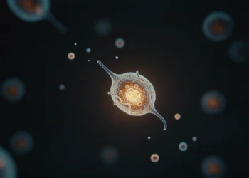Millones de mutaciones útiles desaparecen antes de dejar huella: la evolución podría estar persiguiendo un objetivo que nunca alcanza 9 Célula bioluminiscente ámbar en la oscuridad con partículas de luz desvaneciéndose, simbolizando mutaciones útiles perdidas