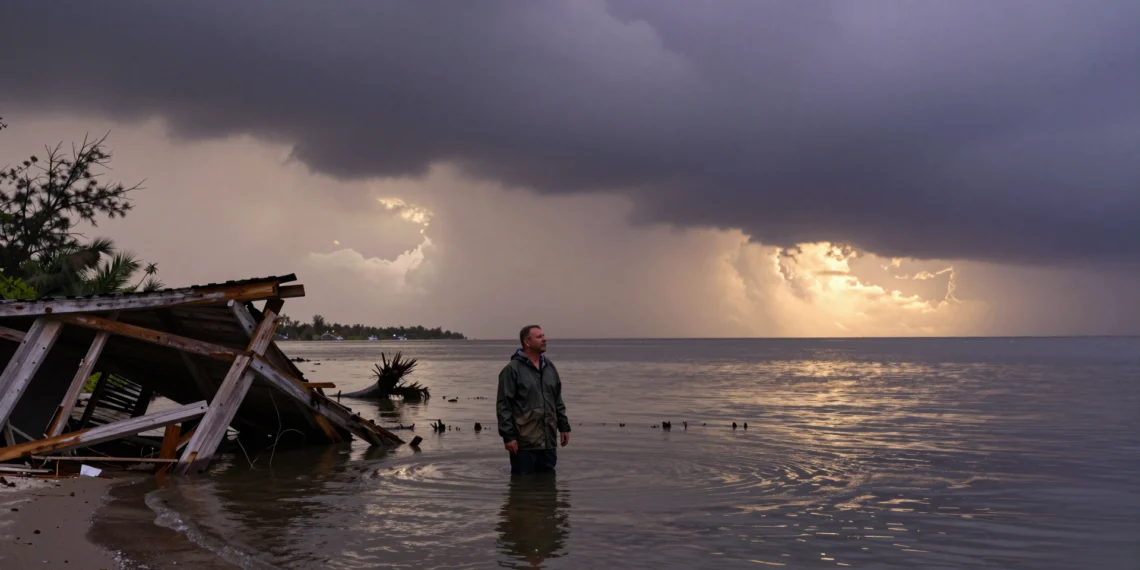 El ciclo natural al que se culpaba de los huracanes más destructivos tenía mucho menos peso del que se creía 1 Hombre de pie entre las ruinas inundadas de una casa tras el paso de un huracán devastador en el Golfo de México
