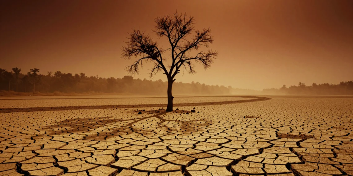 Científicos advierten de que la Tierra acumula calor a una velocidad sin precedentes y el verano de 2026 podría batir todos los registros 1 Paisaje reseco y agrietado bajo un cielo ámbar cargado de calor, con un árbol sin hojas en un cauce seco
