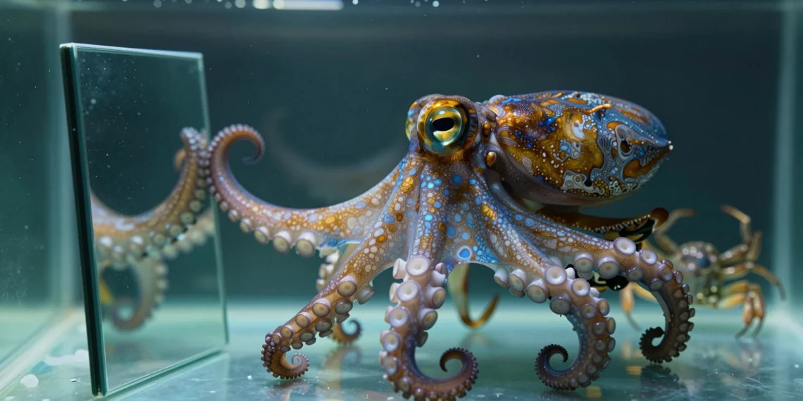 Pulpos capaces de usar espejos para encontrar su presa: un hallazgo que reescribe los límites de la inteligencia animal 1 Pulpo Octopus bimaculoides extiende un tentáculo hacia un espejo en un tanque de laboratorio con un cangrejo al fondo