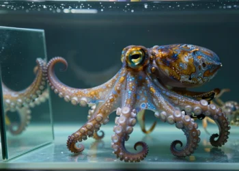 Pulpos capaces de usar espejos para encontrar su presa: un hallazgo que reescribe los límites de la inteligencia animal 7 Pulpo Octopus bimaculoides extiende un tentáculo hacia un espejo en un tanque de laboratorio con un cangrejo al fondo
