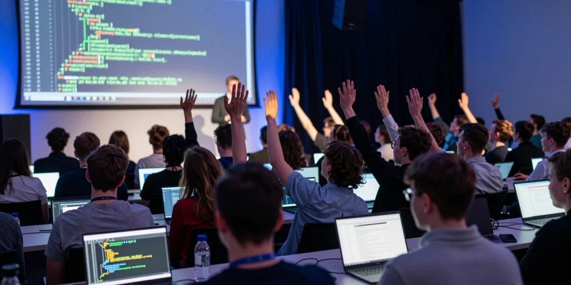 Casi la mitad de los desarrolladores ya envía código escrito por IA sin haberlo leído: así cambia la programación 1 Desarrolladores con manos levantadas en conferencia tecnológica ante pantalla con código generado por inteligencia artificial